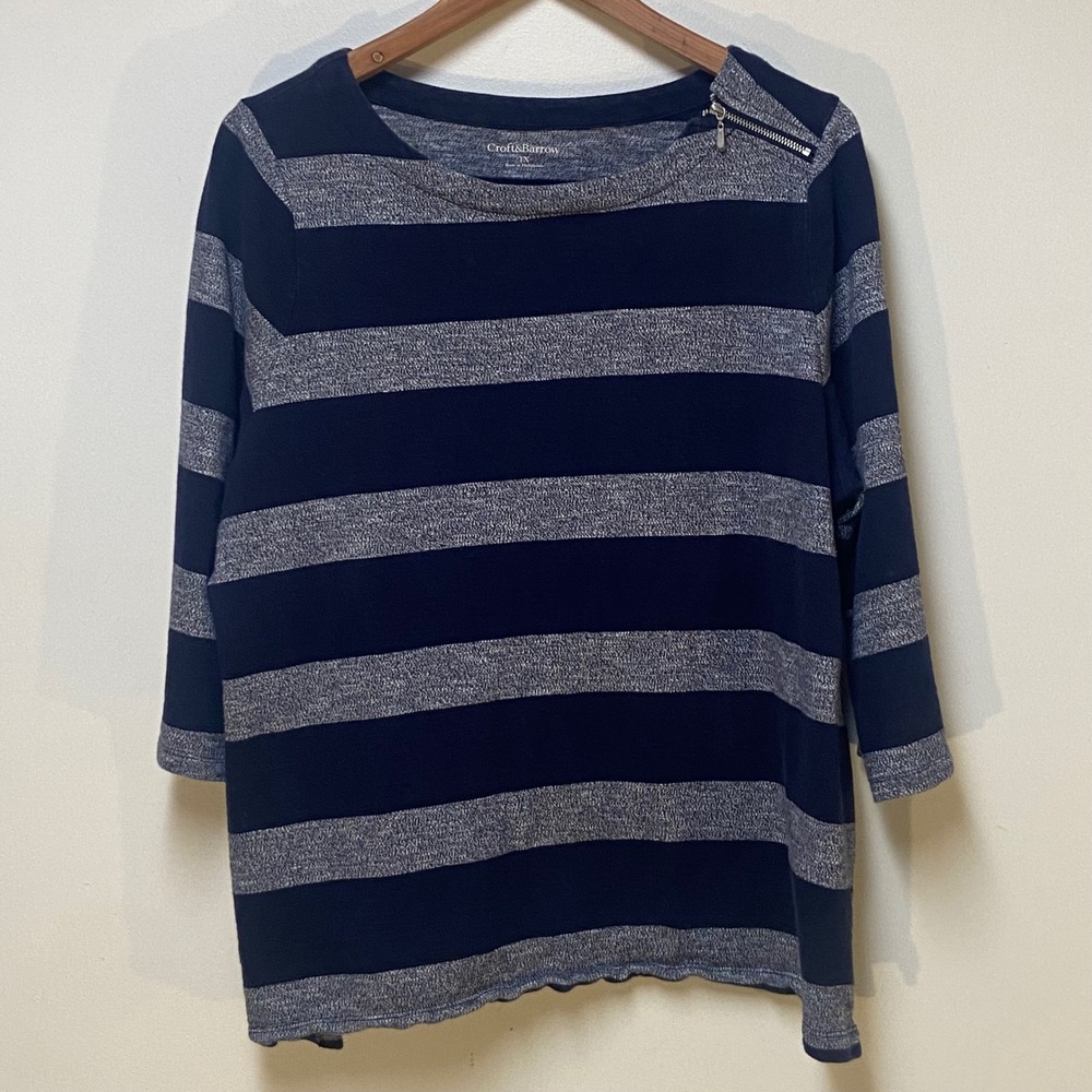 Croft & Barrow Striped Top Women 1X Blue Gray Zipper Shoulder Long Sleeve Cotton